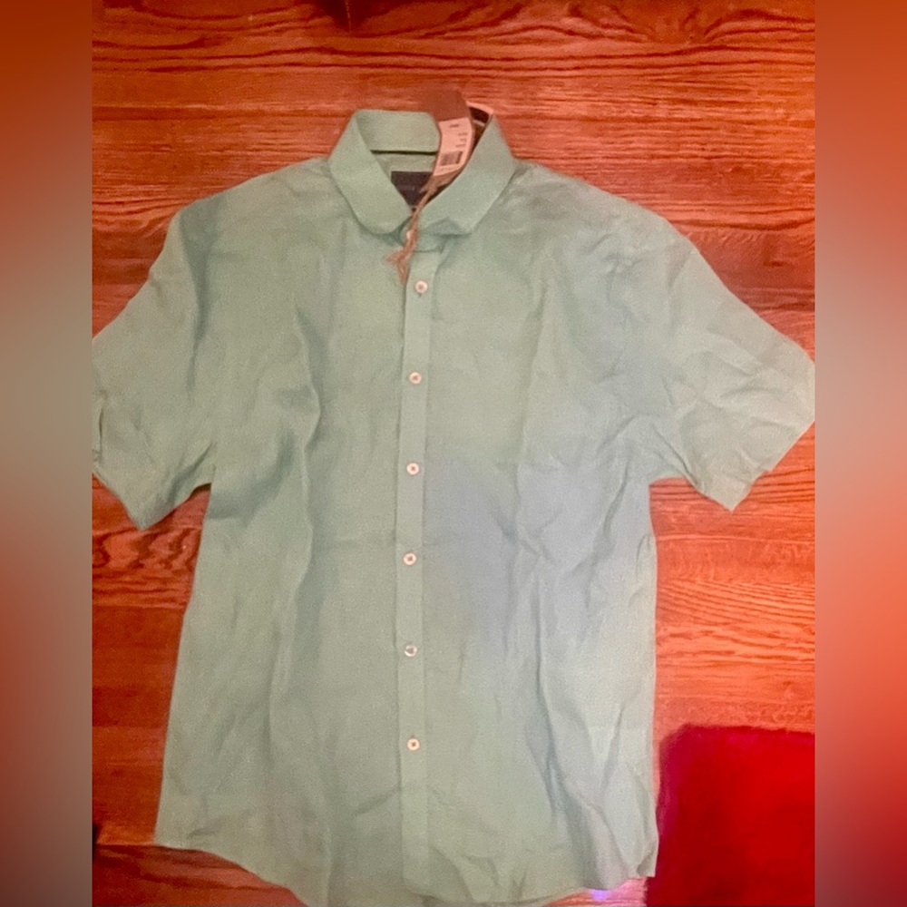 NWT Stitch Note Teal Linen Short Sleeve Button Up Shirt Size Medium